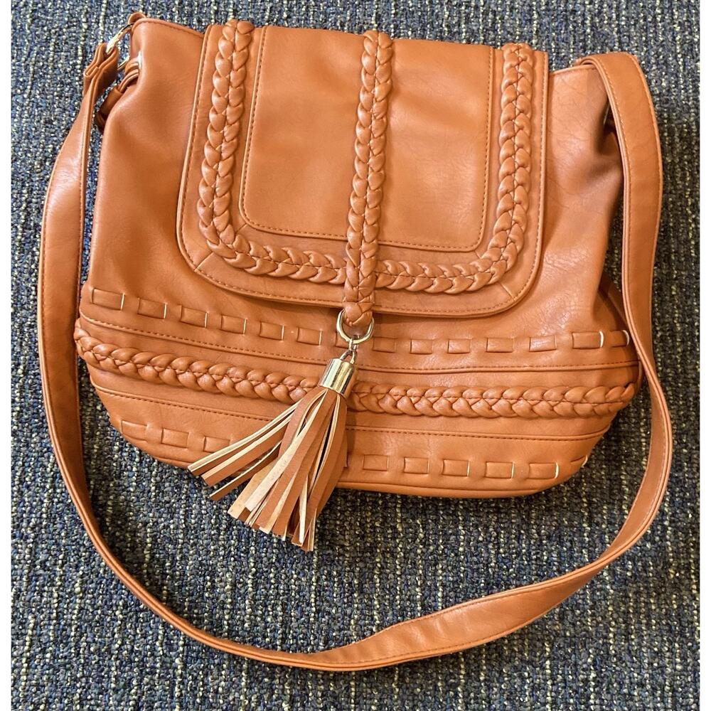 Just Fab Brown Crossbody Purse Faux Leather western boho crossbody braided